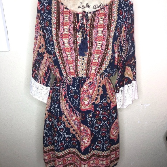 Flying Tomato Red & Blue Paisley Bell Sleeves Crochet Boho Dress Size Large - Picture 3 of 8